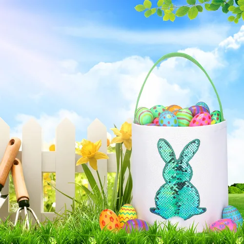 Miniatura 5 de Cestas de Pascua para niños – Cestas de caza de huevos de Pascua para niños y niñas, bonita cesta de regalo de lona impresa de conejo de lentejuelas