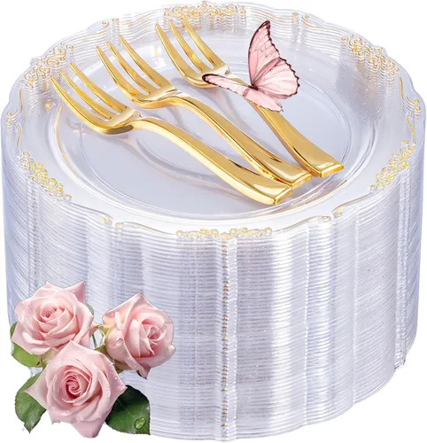 Miniatura 11 de LIYH - 200 platos de postre dorados, 100 platos de aperitivo de 7.5 pulgadas y 100 tenedores de plástico dorados de 5 pulgadas, platos para Oro