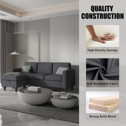 Miniatura 5 de Sofá seccional convertible gris oscuro, moderno sofá tapizado de tela de lino en forma de L con bolsillos para reposabrazos, sofá de 3 plazas