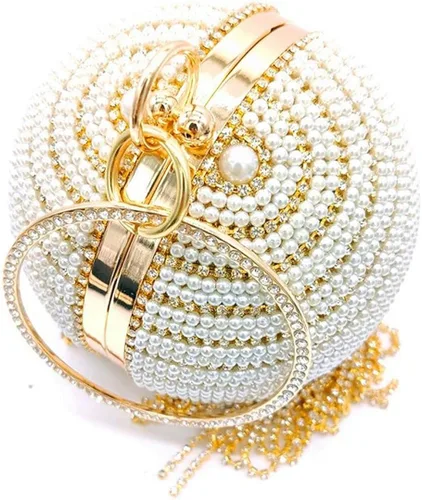 Miniatura 4 de QZUnique Bolso de mano redondo con borla de cristal y perlas asa redonda para boda bolso de hombro