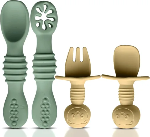 Miniatura 8 de HippoBaby Juego de 4 cucharas de silicona para bebé autoalimentación Utensilios para bebé 6-12 meses - 3 cucharas para bebé - 1 tenedor para bebé