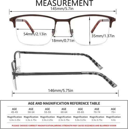 Miniatura 2 de 3-Pack Reading Glasses for Men Blue Light Blocking Fashion Metal Half Wide Frame Readers Semi Rimless Eyeglasses