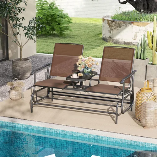 Miniatura 2 de Tangkula Silla mecedora para 2 personas, sofá biplaza mecedora para patio con mesa central de vidrio templado, banco de columpio para exteriores