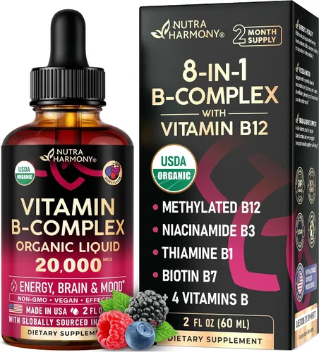 Vitamina B-Complex orgánico USDA B5 ácido pantoténico | B12 metilcobalamina | B1 tiamina | B6 piridoxina | B7 biotina | B9 ácido fólico | B3