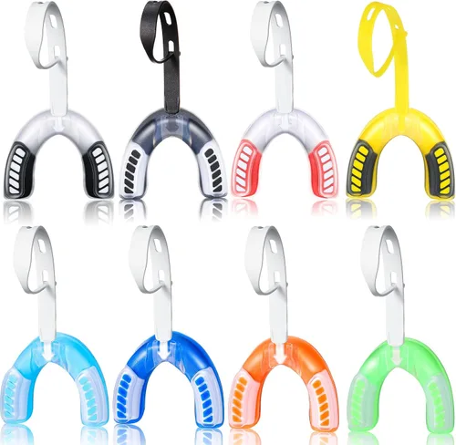 Paquete de 8 protectores bucales de fútbol juvenil con correa de doble color para aparatos ortopédicos deportivos con funda para baloncesto, hockey