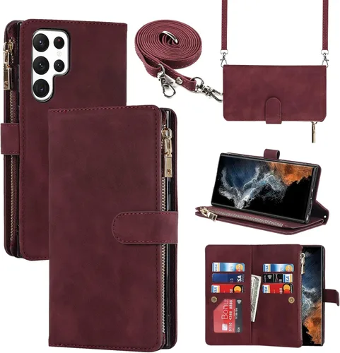 Funda tipo cartera para Samsung Galaxy S22 Ultra 5G para mujer con tarjetero, Galaxy S22 Ultra Crossbody con correa para el hombro, bolsillo con