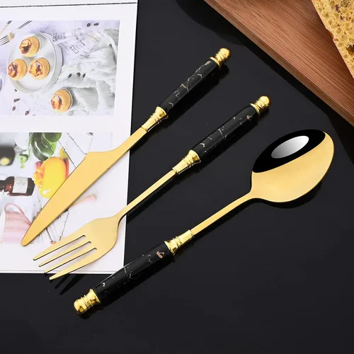 Miniatura 8 de JASHII Fancy Silverware - Juego de cubiertos de acero inoxidable dorado, juego de cubiertos de espejo, cuchillo y tenedor, cuchara, cucharadita