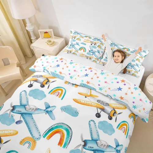 Miniatura 5 de Erosebridal Funda de edredón de avión tamaño individual, juego de ropa de cama de aviones de dibujos animados para adolescentes, color verde azulado
