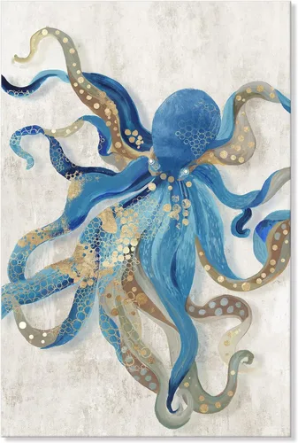 Arte de Lienzo de Pulpo para Pared Pintura Temática de Vida Oceánica Imagen de Animal Marino Azul y Dorado Obra de Arte Costera Imagen de Pulpo