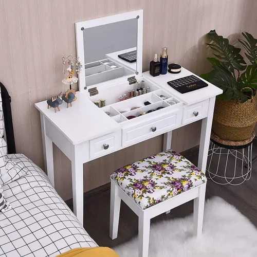 CHARMAID Escritorio de tocador de maquillaje con espejo abatible superior, 3 cajones, 7 compartimentos de almacenamiento, escritorio blanco de