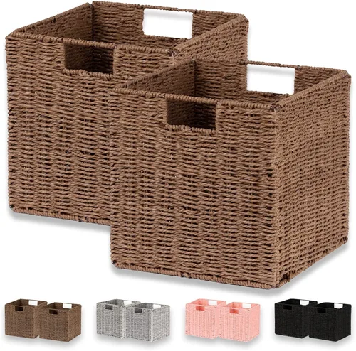 Miniatura 13 de VAGUSICC - Canastas de almacenamiento tejidas a mano, juego de 2, con asas, plegables, tipo cubo, de 13 pulgadas, grandes, de mimbre, para estantes