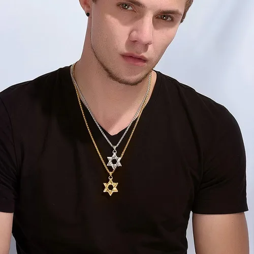 Miniatura 52 de U7 - Collar con Estrella de David para hombres y mujeres, dije hexagonal de acero inoxidable con cruz/piedra de rubí/collares clásicos judíos