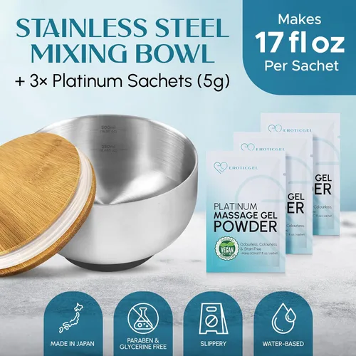 Miniatura 2 de Nuru Massage Gel Powder & Bowl Set 2 x 5g Platinum Sachets + Stainless Steel Mixing Bowl Japanese-Made Powder Vegan Paraben & Glycerin Free
