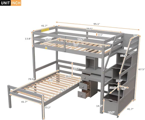 Miniatura 2 de Bellemave Cama alta con escritorio y escaleras, litera individual sobre cama individual con cajones de almacenamiento y estantes, camas altas