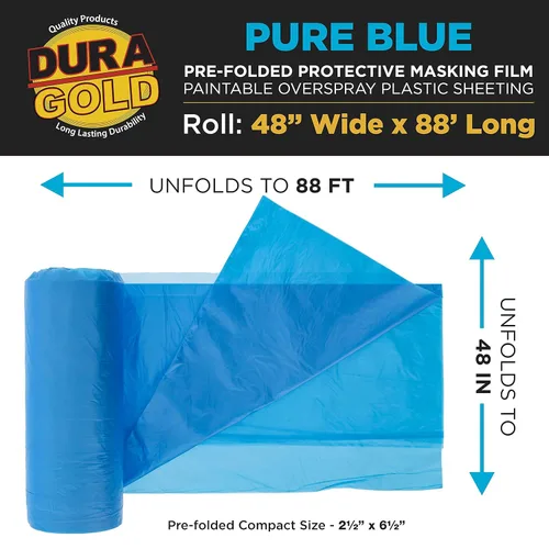 Miniatura 2 de Dura-Gold Película de enmascaramiento preplegada azul puro de 48 pulgadas x 88 pies, rollo de plástico para pintores (0.4 mil), lámina de plástico