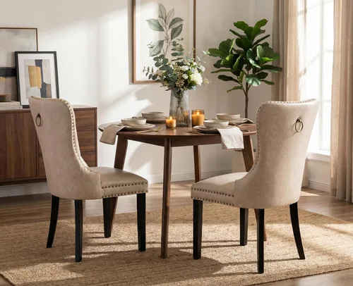 Miniatura 8 de CIMOTA Juego de 2 sillas de comedor de cuero beige, modernas de mediados de siglo, sillas de comedor tapizadas para cocina, comedor, cómodas sillas