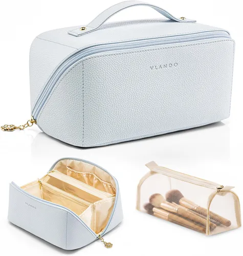 Miniatura 25 de Vlando Bolsa de maquillaje de viaje, neceser para mujer, piel sintética, abierta, plana, bolsa de maquillaje, Clásico elegante