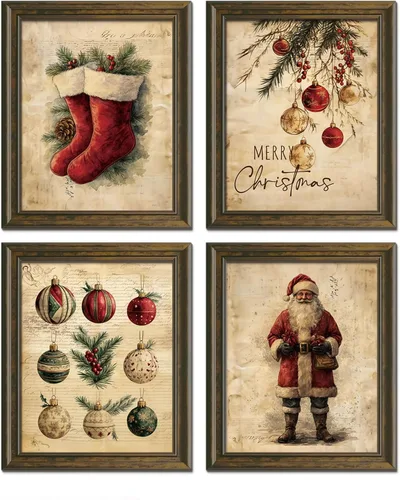 Wheatwin Decoración de Arte de Pared Vintage de Navidad, Pósteres e Impresiones de Decoración de Pared de Baño Feliz Navidad Papá Noel Juego de 4,
