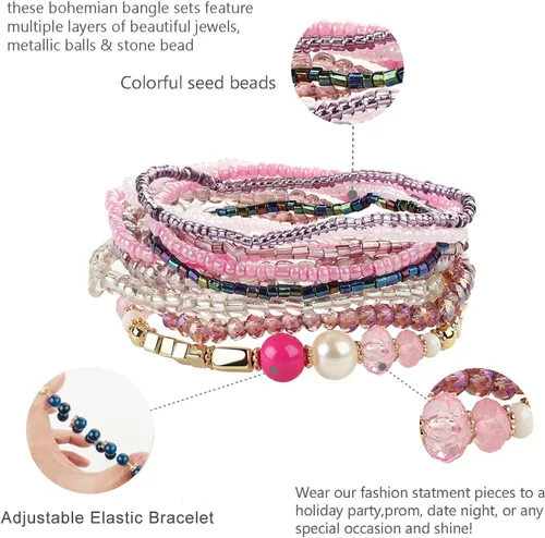 Miniatura 5 de FIBO STEEL 6 Sets Bohemian Stackable Bead Bracelets for Women Stretch Multilayered Bracelet Set Multicolor Boho Jewelry