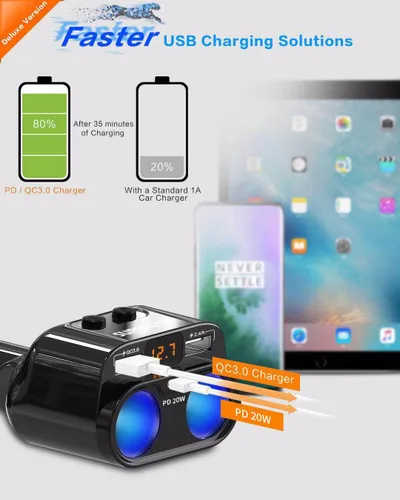 Miniatura 2 de SUPERONE Adaptador de corriente divisor de encendedor de cigarrillos de 200 W, cargador de coche USB C con entrega de potencia de 20 W 3.0 y QC 3.0