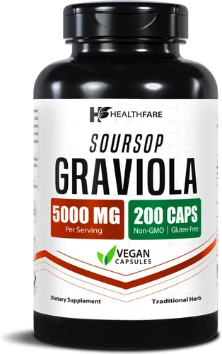 Healthfare Graviola - Extracto de guanábana de 5000 mg | Annona Muricata | 200 cápsulas veganas | Mezcla de hojas y frutas de alta potencia | Sin