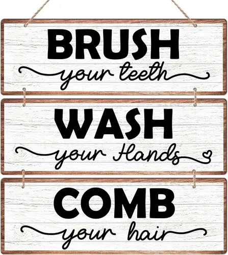 Letrero de madera rústica para colgar en la pared con texto en inglés «Wash Your Hands», «Brush Your Teeth Peine Your Hair», letrero decorativo de