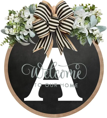 Letrero de bienvenida circular con apellido para puerta delantera - Corona de 26 letras para casa, decoración para porche delantero, decoración para