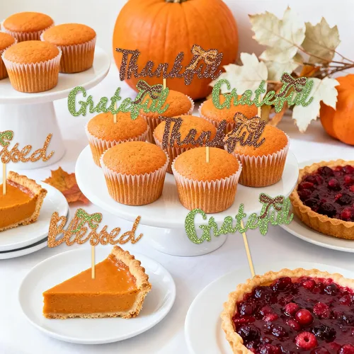 Miniatura 5 de 24 adornos de otoño para cupcakes para decoración del día de Acción de Gracias, lazo con purpurina para pasteles Thankful Blessed Grateful
