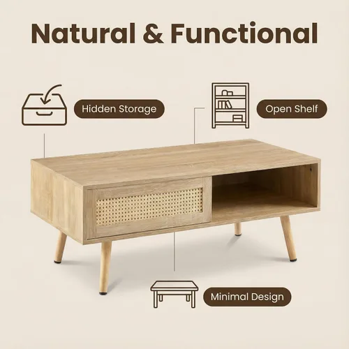 Miniatura 4 de Meihua Mesa auxiliar de ratán de 41.3 pulgadas con almacenamiento, mesa de sofá moderna de mediados de siglo con puerta corredera y patas de madera