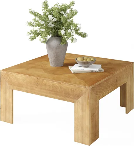 Miniatura 17 de LITTLE TREE Mesa de centro de madera maciza de 39.4 pulgadas, mesa de centro cuadrada con parte superior incrustada intrincada y patas resistentes