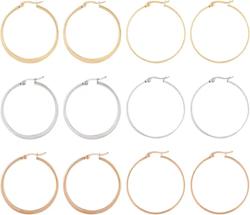 Craftdady Juego de 6 pares de aretes de aro de acero de titanio, 6 estilos, planos, grandes, redondos, palancas abiertas, aretes tipo huggie para
