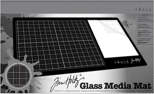 Tim Holtz - Alfombrilla de corte de vidrio, superficie de trabajo grande con rejilla de medición de 12 x 14 pulgadas y paleta para pintura, tinta y