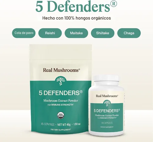 Miniatura 2 de Real Mushrooms 5 Defenders - Complejo adaptogénico de hongos con chaga, reishi, cola de pavo, maitake y shiitake para apoyo al bienestar - Cápsulas
