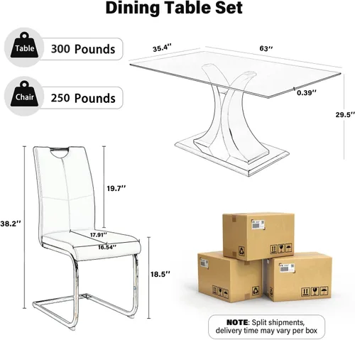 Miniatura 3 de Juego de comedor moderno de vidrio de lujo de 5 piezas, juego de cena rectangular minimalista grande para 4, juego de mesa de cocina de vidrio