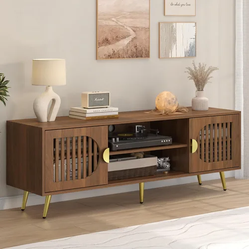 Miniatura 2 de Soporte de TV de nogal de 55 pulgadas para televisores de hasta 65 pulgadas, mesa consola central de entretenimiento moderna de mediados de siglo
