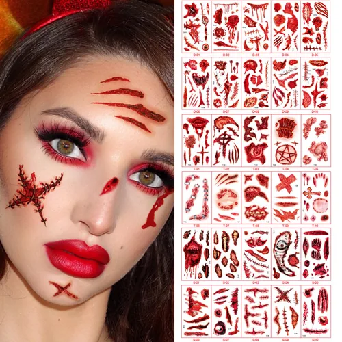 Cicatrices falsas de Halloween, tatuajes temporales, maquillaje de sangre falsa, cortes de cicatrices falsas, puntadas falsas para la cara, tatuajes