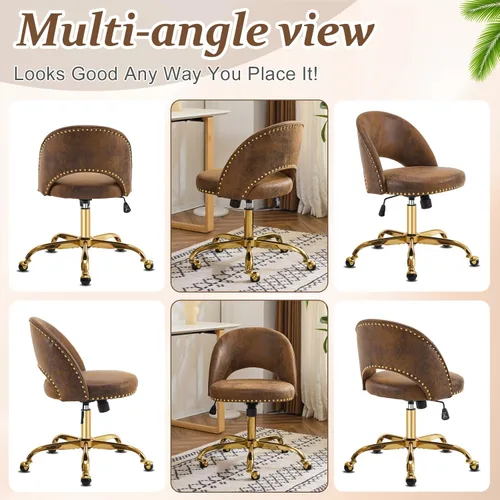 Miniatura 9 de VINGLI Silla de Oficina Pequeña de Terciopelo Moderno, Linda Silla de Escritorio con Ruedas, Base/Tachuelas Doradas, Cómoda Silla Giratoria sin