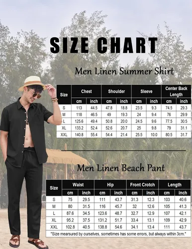 Miniatura 6 de COOFANDY Conjunto de 2 piezas de lino para hombre, conjunto de camisa y pantalón con botones para la playa