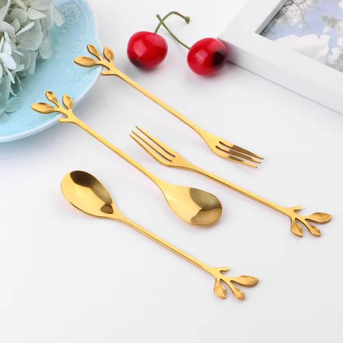 Miniatura 3 de Juego de 12 cucharas de café de acero inoxidable con hojas doradas y tenedores de frutas para tartas, accesorios de cocina, fiesta de boda