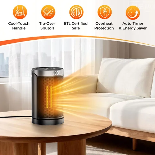 Miniatura 2 de Calentador de espacio de 1500 W para uso en interiores, calentador de cerámica PTC portátil con oscilación de 70°, control remoto, temporizador de 1