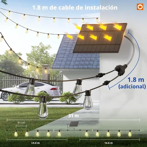 Miniatura 6 de addlon Luces de Cadena Solares de 104 Pies (98 Pies + 6) para Exteriores Impermeables con Puerto USB y Control Remoto Luces Solares para Patio