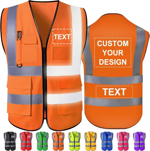 Miniatura 8 de Chaleco de seguridad personalizado Chalecos reflectantes de alta visibilidad con bolsillos con cremallera, logotipo personalizado clase 2 para Azul