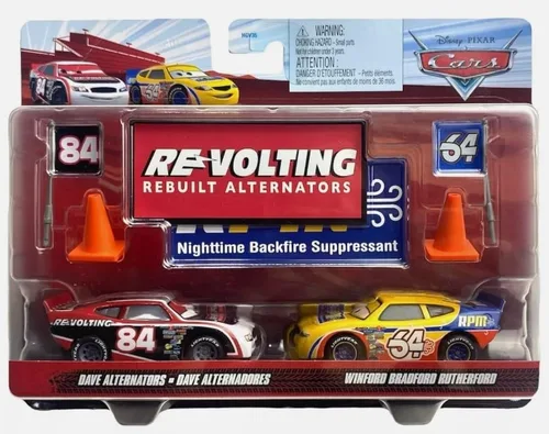 Disney Cars Paquete de 2 favoritos de los fanáticos 2022 con banderas y carteles del equipo de carrera: (Dave Alternators y Winford Bradford)