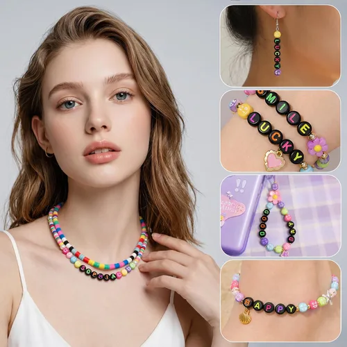 Miniatura 6 de 1500 cuentas de letras negras y emoticonos mixtos para enhebrar, cuentas redondas acrílicas de 0.15 x 0.27 pulgadas con 1 rollo de cuerda de cristal