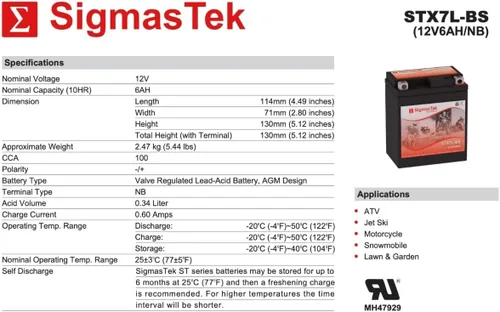 Miniatura 3 de GTX7L-BS - Batería para motocicleta SLA compatible con SigmasTek, STX7L-BS 100CCA