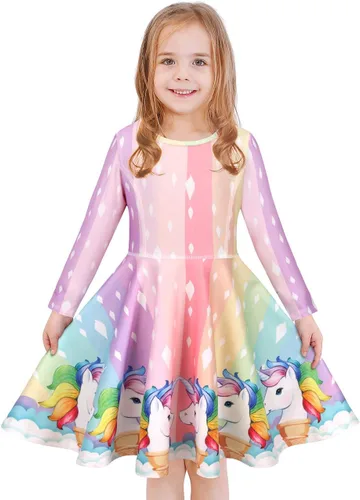 LaBeca - Vestido sin mangas o de manga larga para niñas, vestidos informales con diseño de unicornio o sirena para niñas pequeñas o grandes