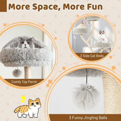 Miniatura 4 de Tangkula Árbol alto para gatos, torre grande de varios niveles para gatos de 70 pulgadas con 3 perchas cálidas, 3 bolas de tintineo, postes Gris