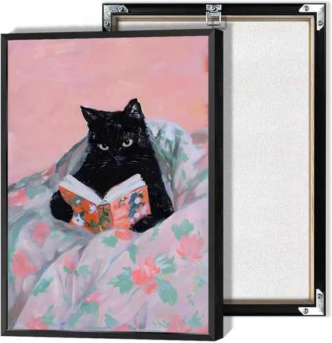 Pósteres divertidos de gatos negros y divertidos, lectura de gatos en la cama, lienzo para pared, diseño moderno y colorido de animales preparados,