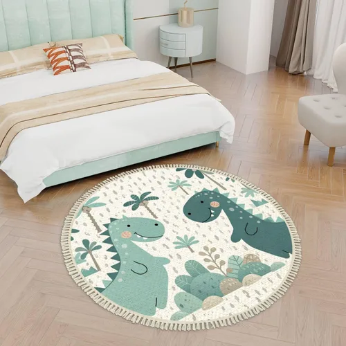 Miniatura 6 de Round Rugs - Alfombra de dinosaurio para bebé y niño, diseño escandinavo, bonita alfombra de lino y algodón, alfombra de meditación, lavable