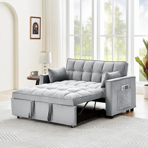 Miniatura 10 de Sofá cama convertible de terciopelo de 55 pulgadas, sofá futón 3 en 1 con cama extraíble, sofá biplaza moderno con respaldo ajustable, 2 almohadas